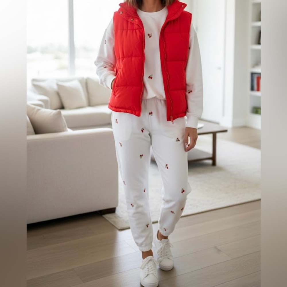 White ladies cropped top with strawberry Embroidery with matching joggers.